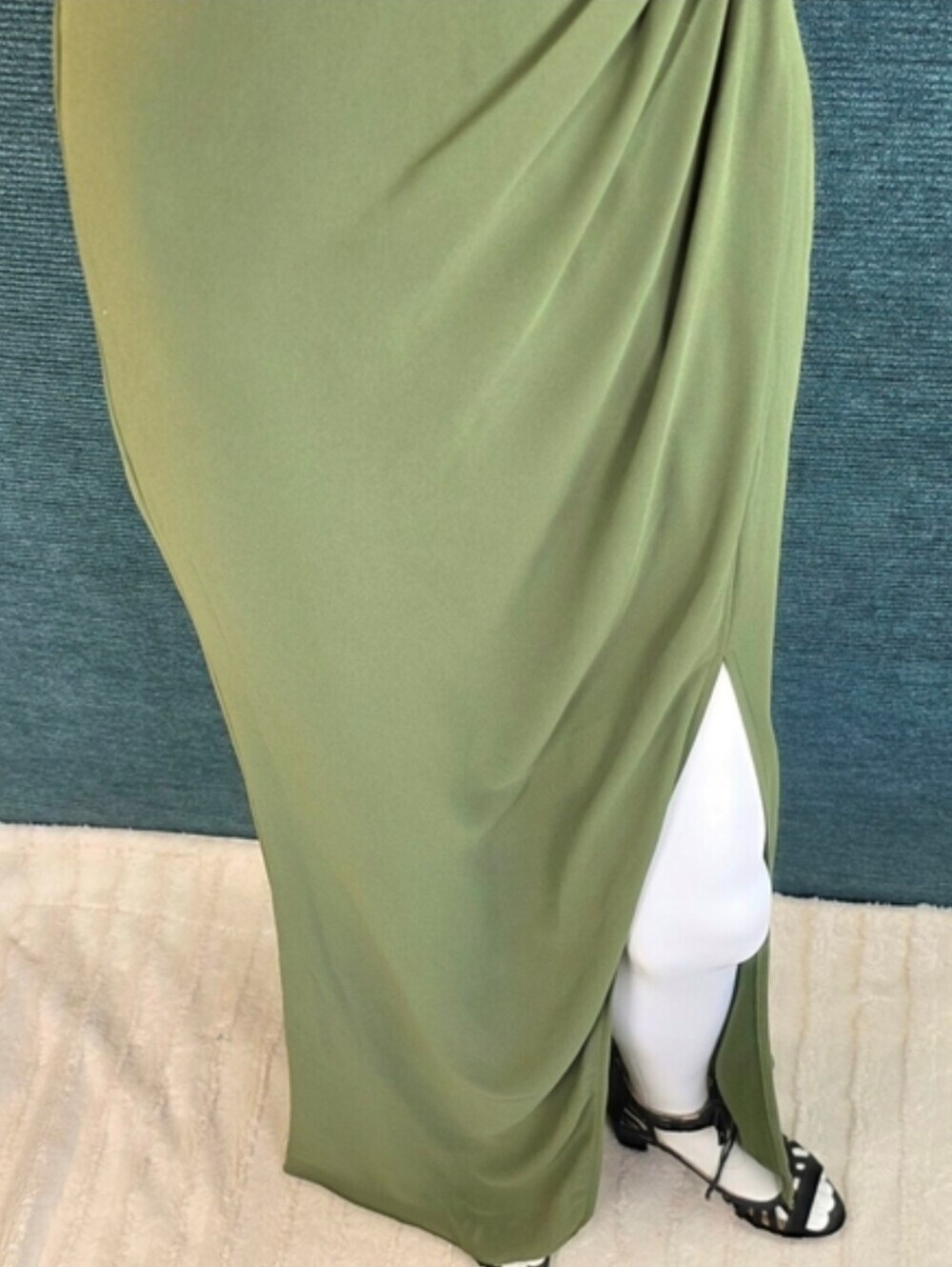 David's Bridal Chiffon Cowl Back V-neck Sheath Dress Martini Olive Color - Picture 9 of 14